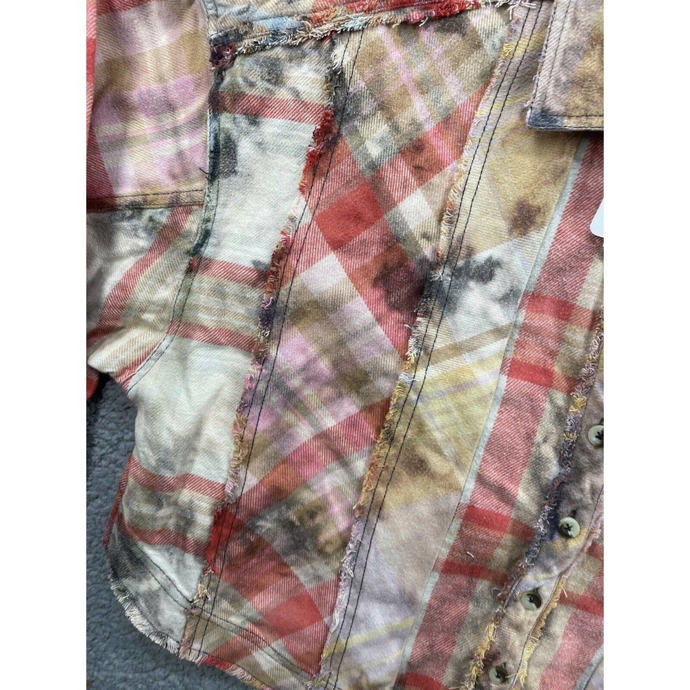Free People Forever Plaid Shirt Boxy Raw Hem Distressed Button Down Shirt Large - Picture 4 of 11